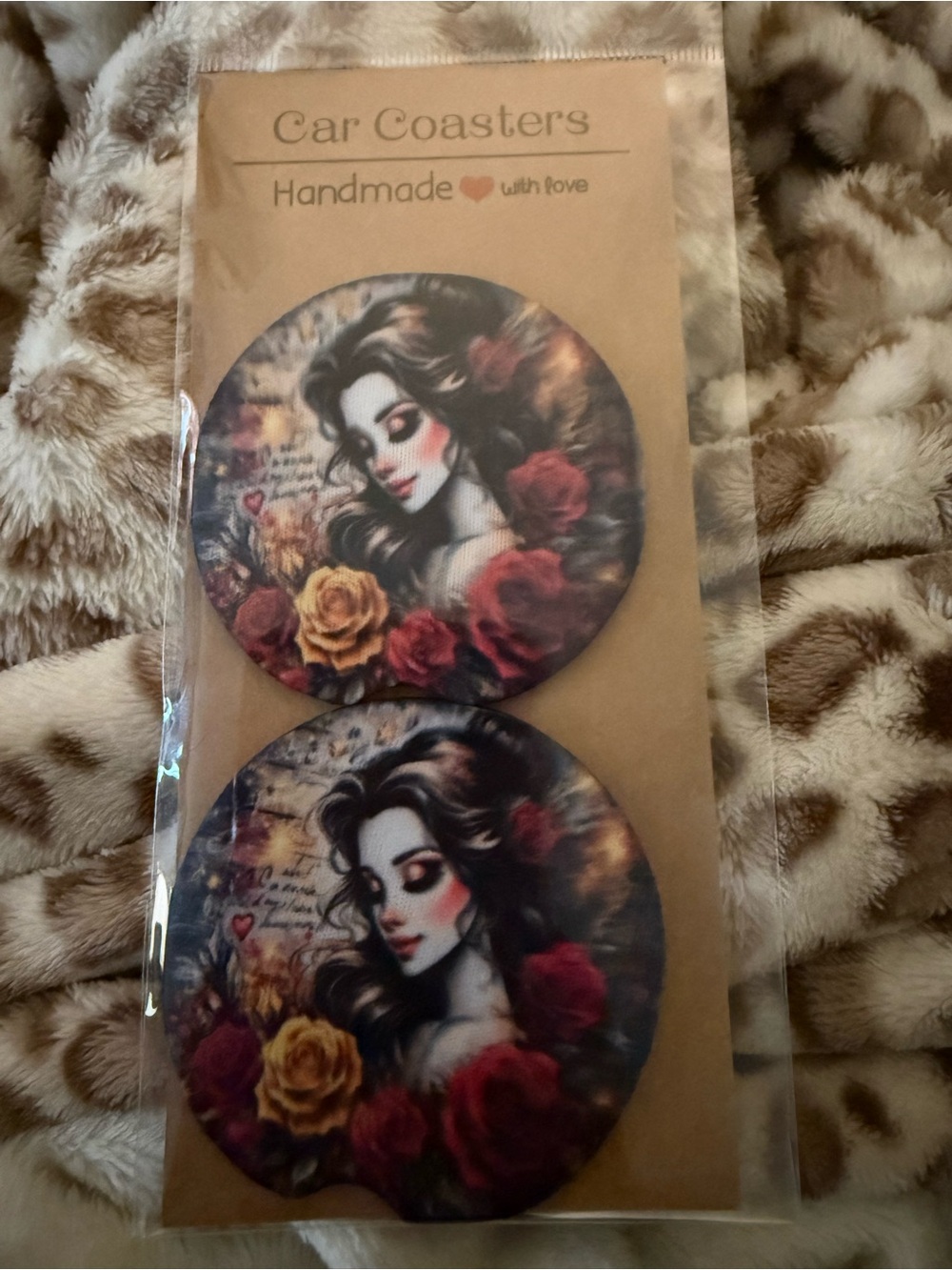 Handmade Gothic Rose Car Coasters - Black, Red, Yellow Belle